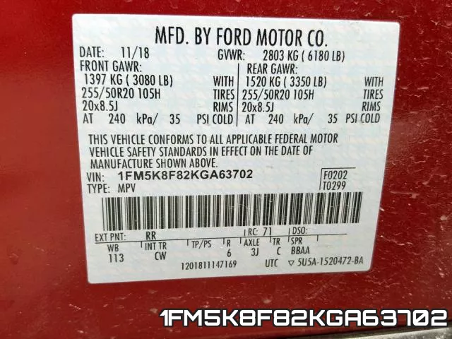 1FM5K8F82KGA63702 фото 2