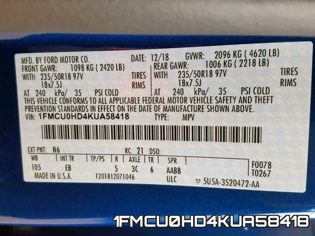 1FMCU0HD4KUA58418 фото 2