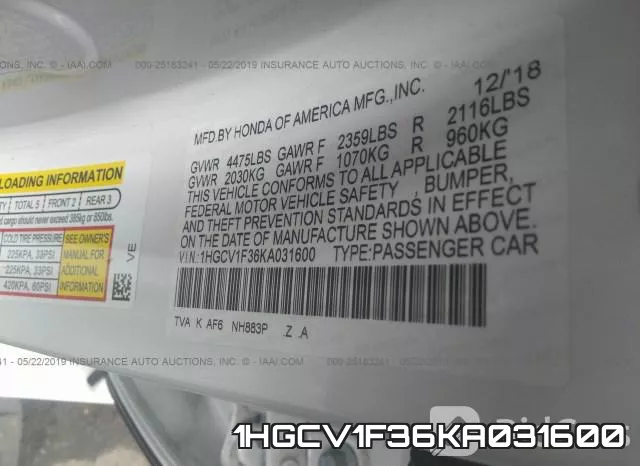 1HGCV1F36KA031600 фото 10