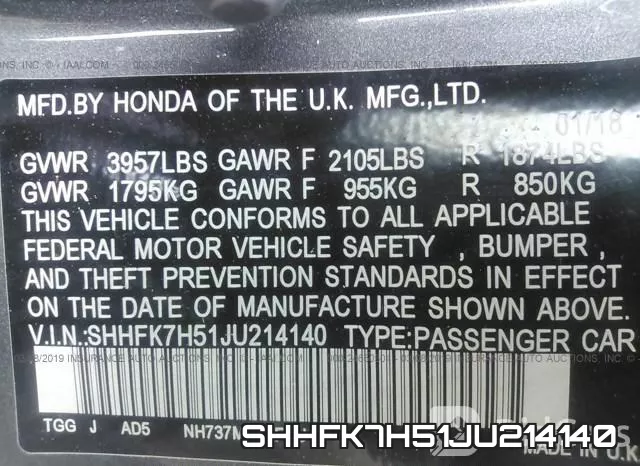SHHFK7H51JU214140 фото 10