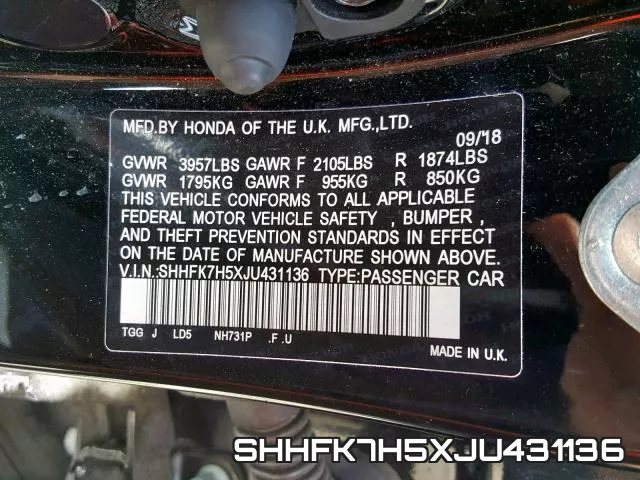 SHHFK7H5XJU431136 фото 2