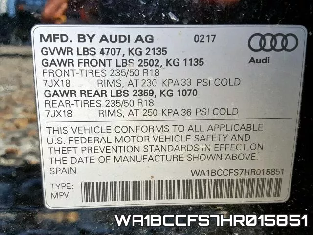 WA1BCCFS7HR015851 фото 2