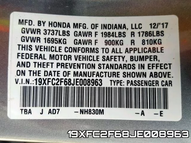 19XFC2F68JE008963 фото 2