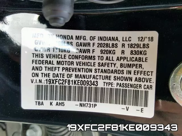19XFC2F81KE009343 фото 2