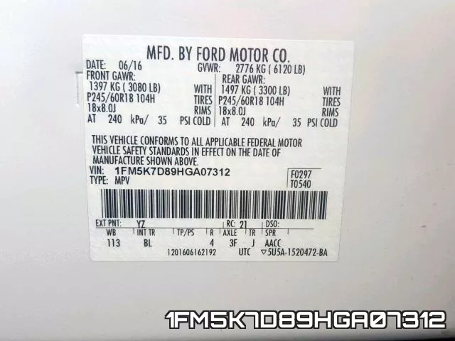 1FM5K7D89HGA07312 фото 2