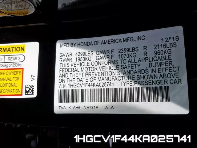 1HGCV1F44KA025741 фото 2
