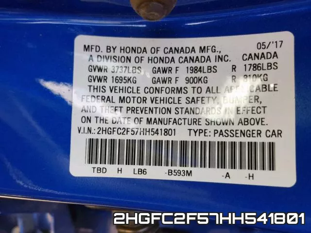2HGFC2F57HH541801 фото 2