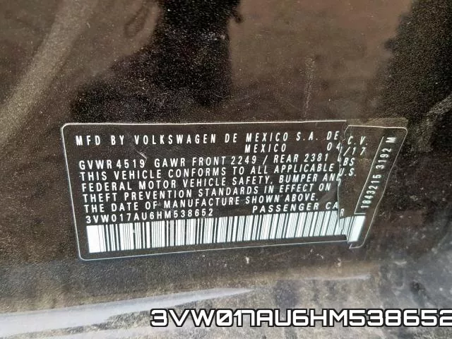 3VW017AU6HM538652 фото 2