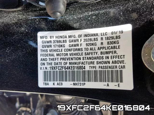 19XFC2F64KE016804 фото 2