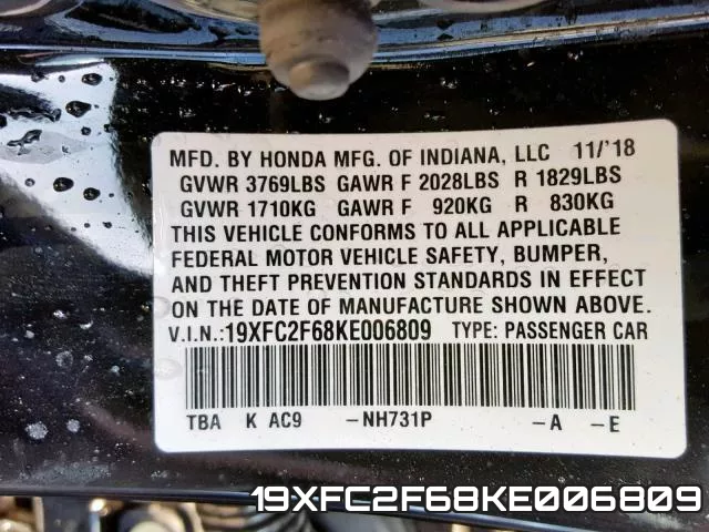 19XFC2F68KE006809 фото 2