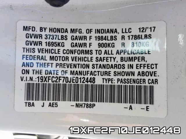 19XFC2F70JE012448 фото 2