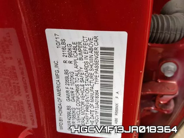 1HGCV1F13JA018364 фото 2