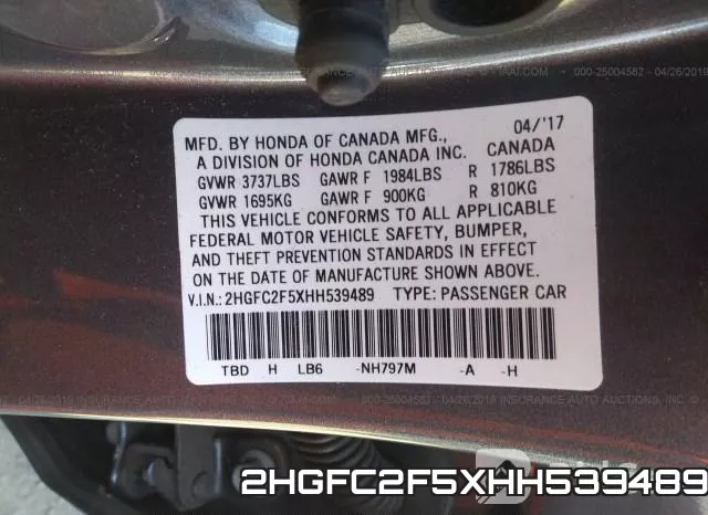 2HGFC2F5XHH539489 фото 10