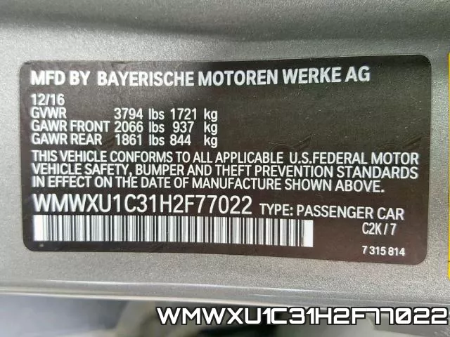 WMWXU1C31H2F77022 фото 2