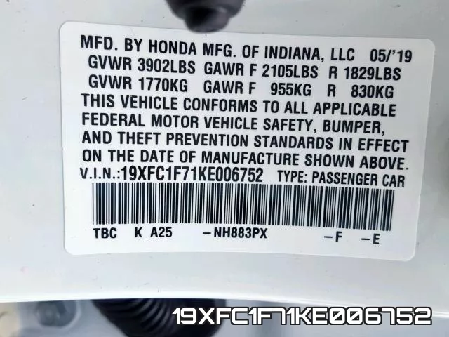 19XFC1F71KE006752 фото 2