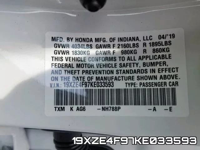 19XZE4F97KE033593 фото 2