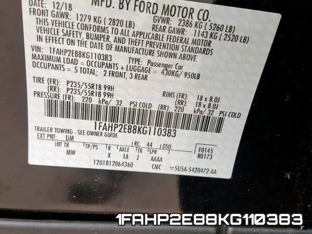 1FAHP2E88KG110383 фото 2