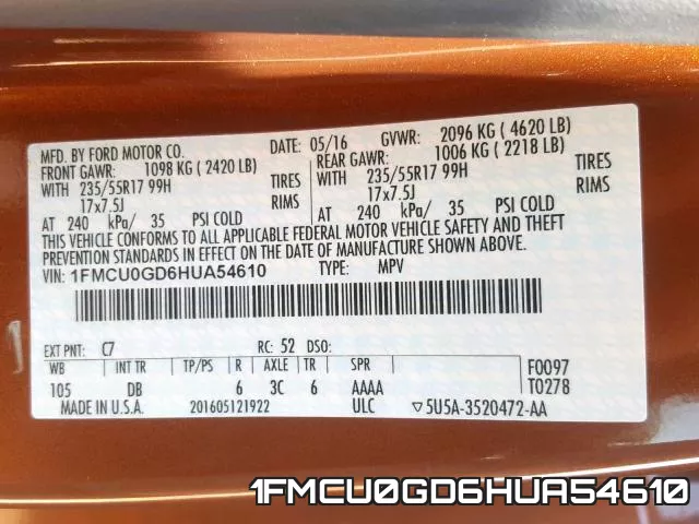 1FMCU0GD6HUA54610 фото 2