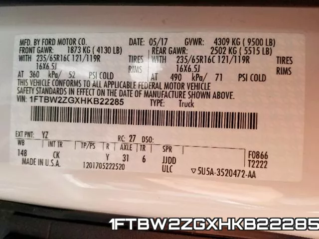 1FTBW2ZGXHKB22285 фото 2