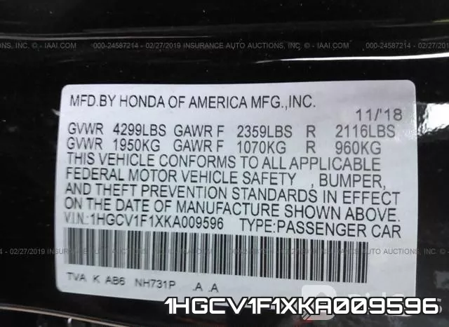 1HGCV1F1XKA009596 фото 10