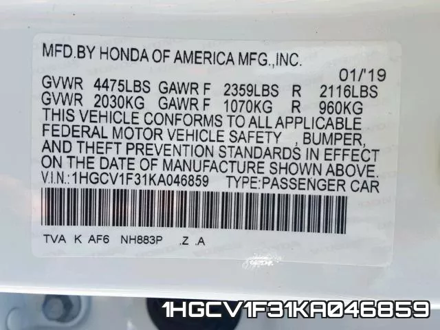 1HGCV1F31KA046859 фото 2