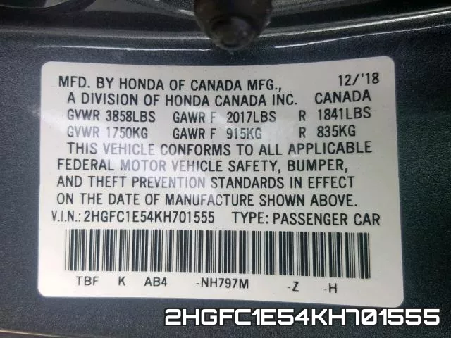 2HGFC1E54KH701555 фото 2