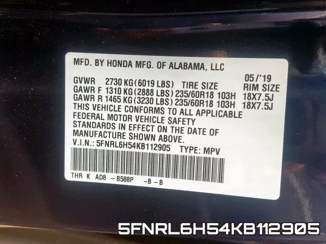 5FNRL6H54KB112905 фото 2