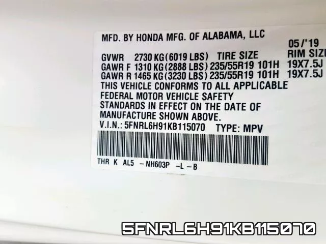 5FNRL6H91KB115070 фото 2