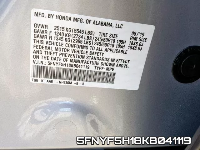 5FNYF5H18KB041119 фото 2