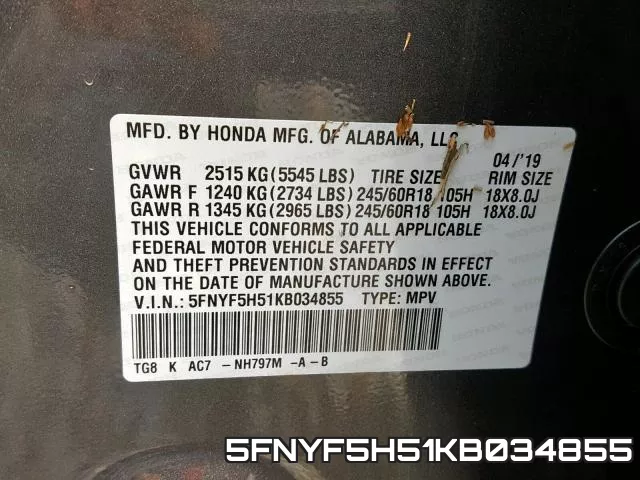 5FNYF5H51KB034855 фото 2