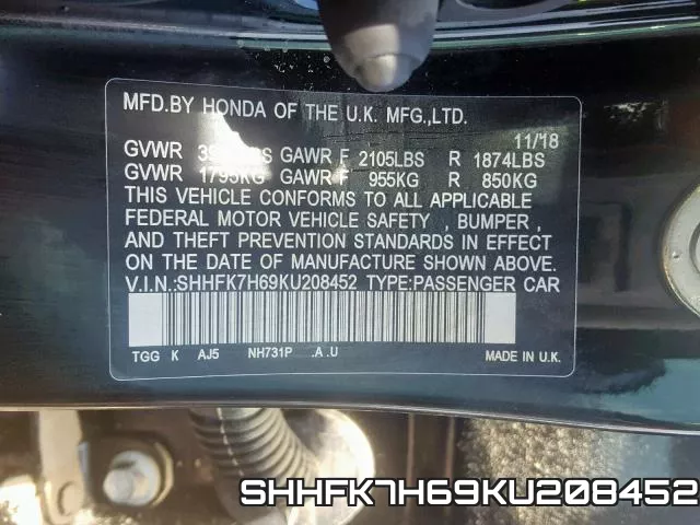 SHHFK7H69KU208452 фото 2