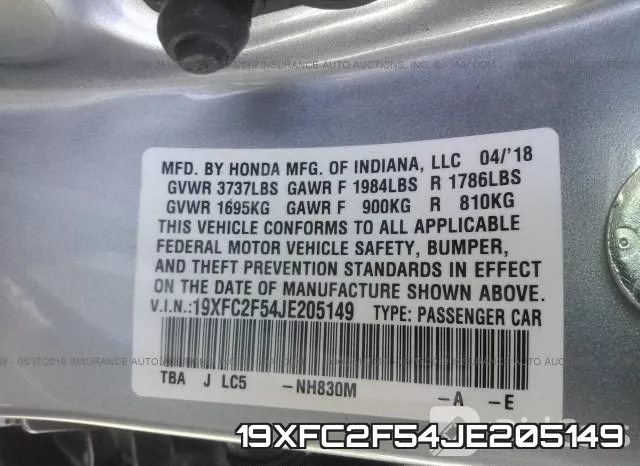 19XFC2F54JE205149 фото 10