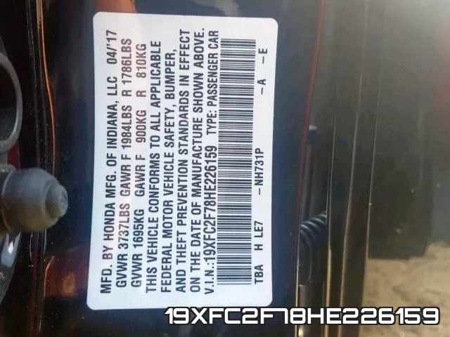 19XFC2F78HE226159 фото 2
