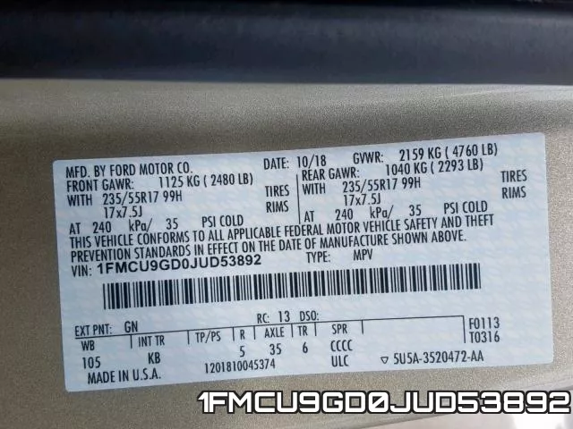 1FMCU9GD0JUD53892 фото 2