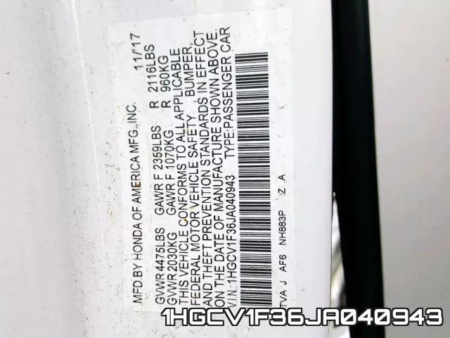 1HGCV1F36JA040943 фото 2