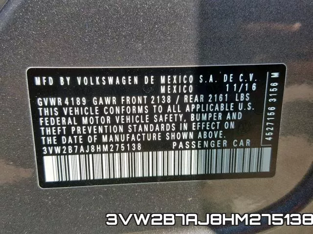 3VW2B7AJ8HM275138 фото 2