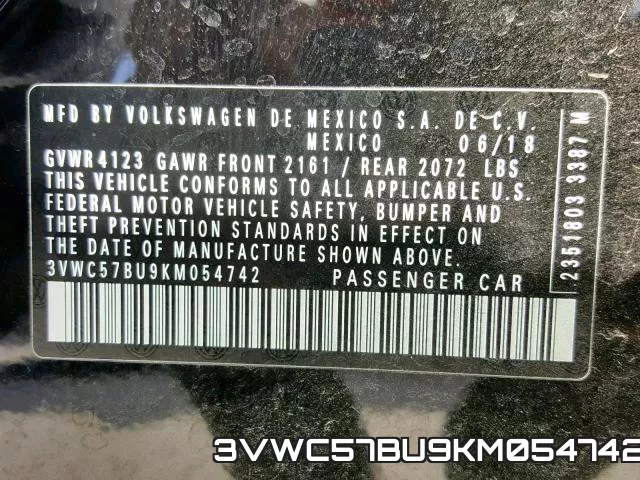 3VWC57BU9KM054742 фото 2