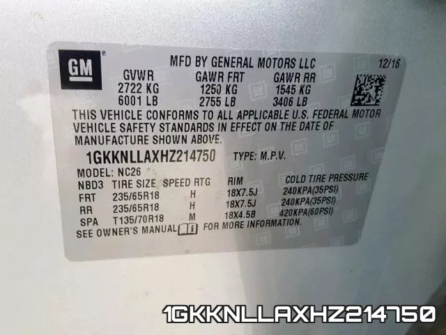 1GKKNLLAXHZ214750 фото 2