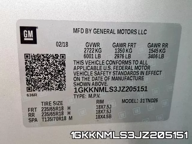 1GKKNMLS3JZ205151 фото 2
