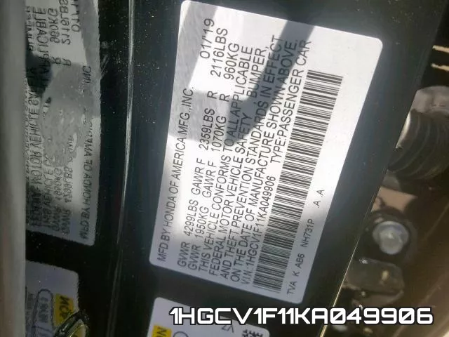 1HGCV1F11KA049906 фото 2