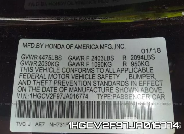 1HGCV2F97JA016774 фото 10
