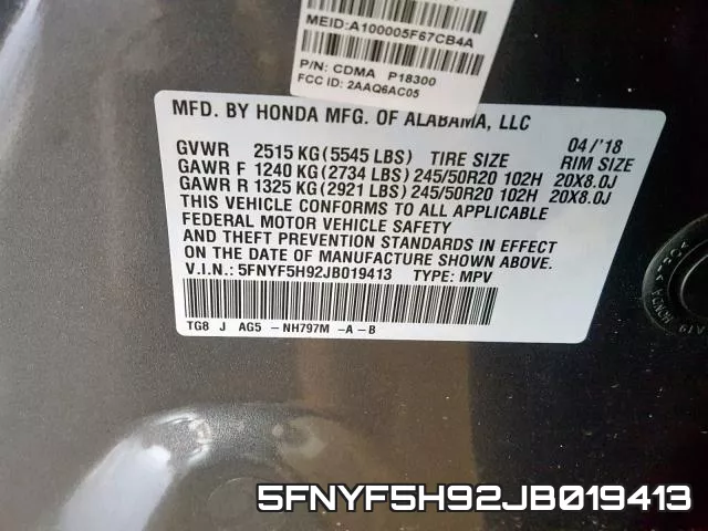 5FNYF5H92JB019413 фото 2