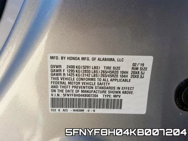 5FNYF8H04KB007204 фото 2