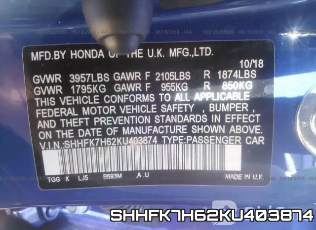 SHHFK7H62KU403874 фото 10