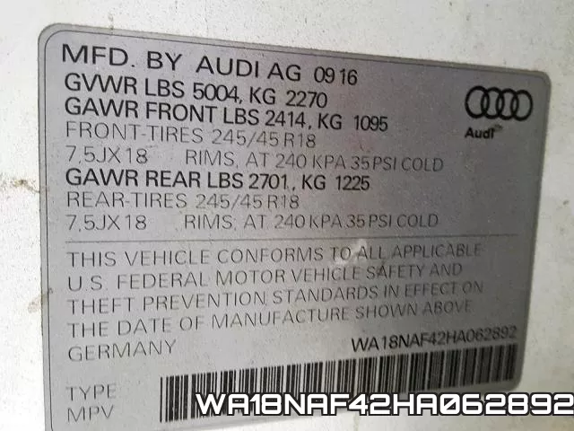 WA18NAF42HA062892 фото 2