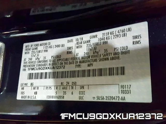 1FMCU9GDXKUA12372 фото 2
