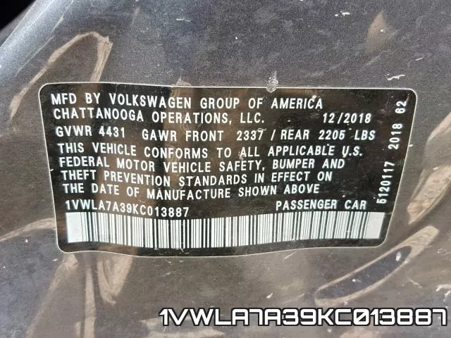 1VWLA7A39KC013887 фото 2