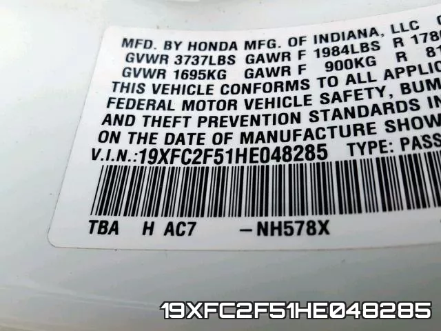 19XFC2F51HE048285 фото 2