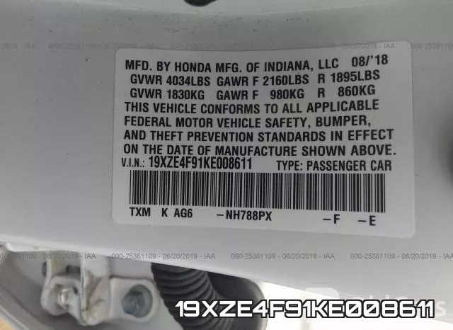 19XZE4F91KE008611 фото 10