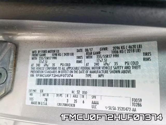 1FMCU0F72HUF07374 фото 2
